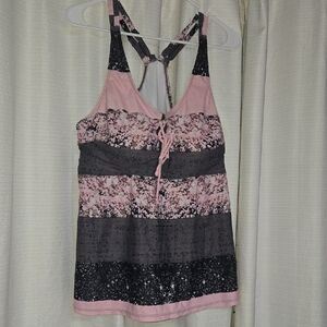 Racerback Pink and Gray Striped Tie-Front Swim Tank Top And Gray Short Bottoms